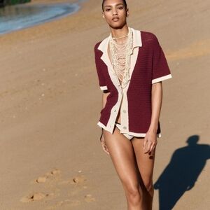 Zara Burgundy + Cream Crochet Knit Polo Sweater M